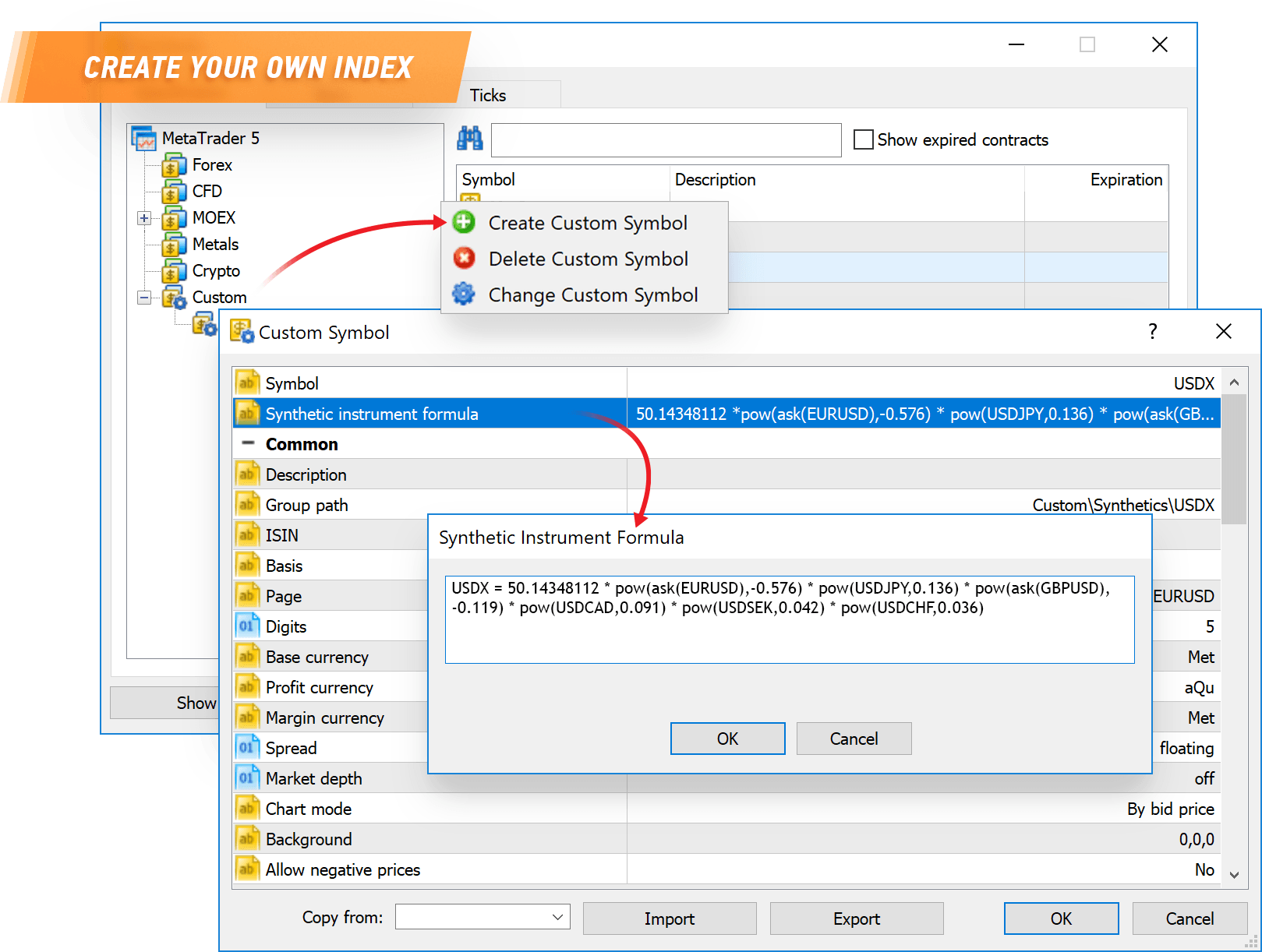 Cree en MetaTrader 5 sus propios instrumentos financieros sintéticos a partir de las cotizaciones de divisas, acciones y criptomonedas