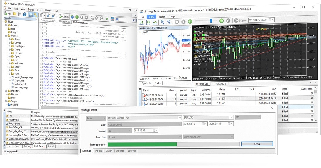 El entorno de desarrollo especializado MQL5 IDE en MetaTrader 5 permite crear, depurar, testar, optimizar y ejecutar robots comerciales de forma independiente.