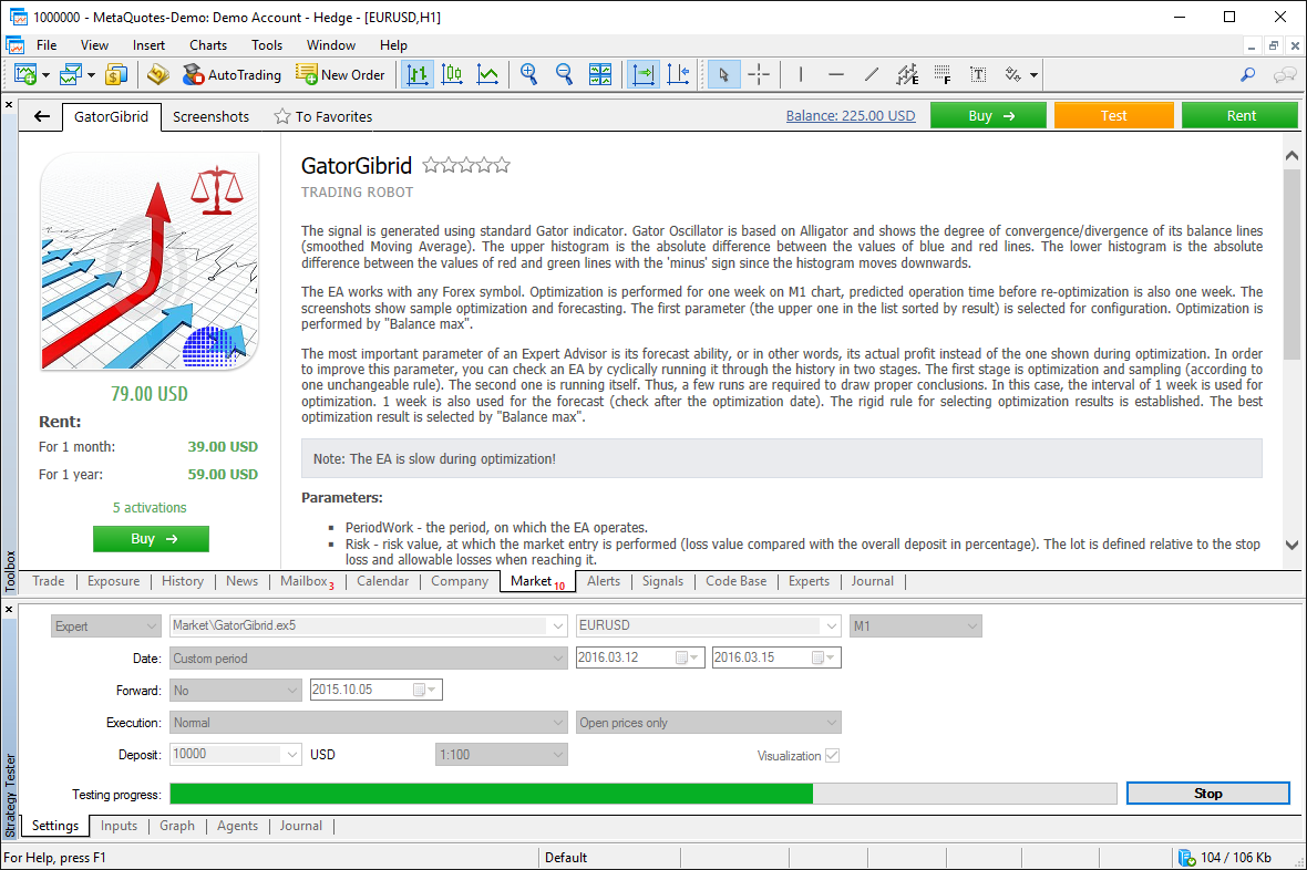 Before you purchase a product from the Market, you can test its demo version in the Strategy Tester