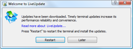 A click on Restart closes the platform, updates and then re-starts it