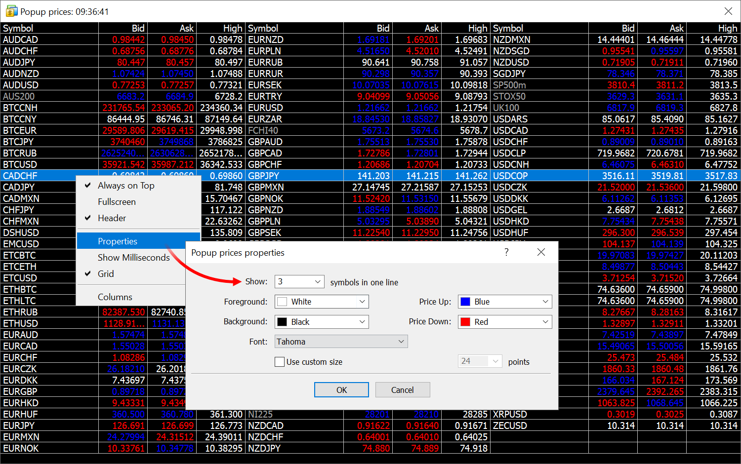 Support for multi-column display in the Popup Prices window