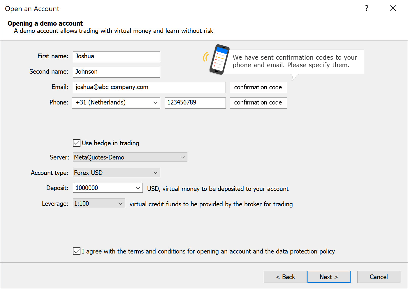 Vérification du numéro de téléphone et de l'email dans MetaTrader 5