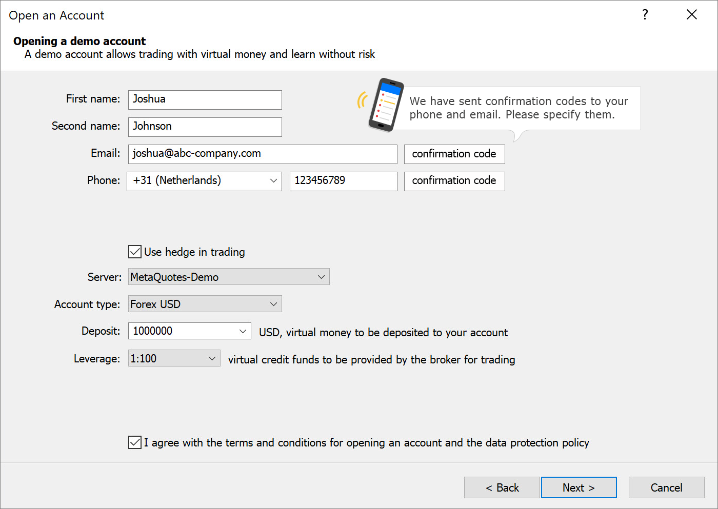 Confirmación de teléfonos y email en MetaTrader 5