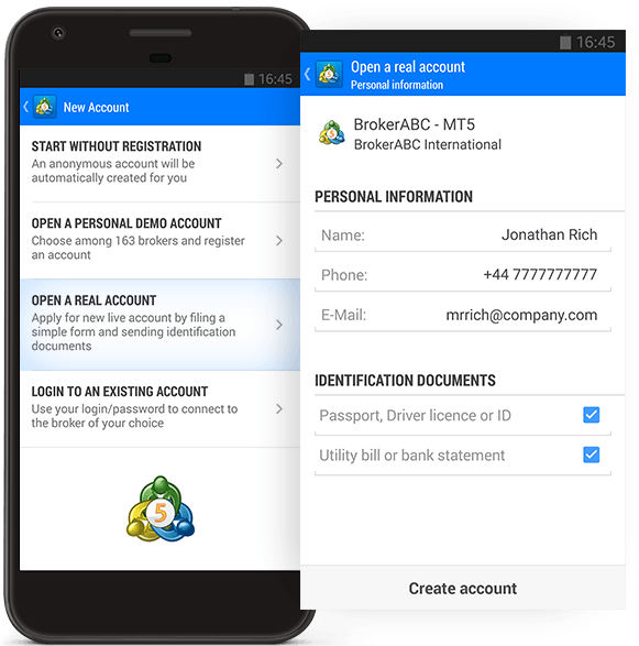 Simplified way to request a real account in MetaTrader 5 Android build 1642