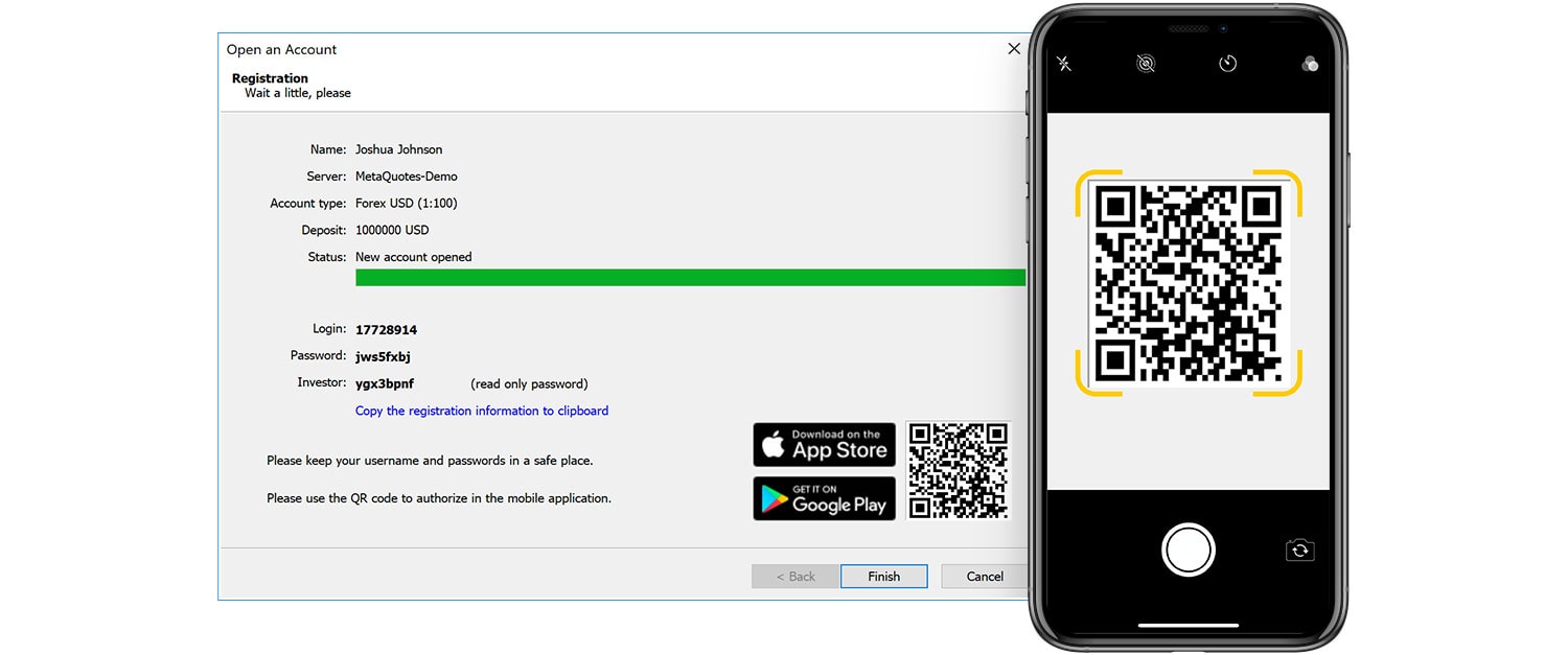 Verbinden Sie sich mit MetaTrader 5 Konten über QR-Codes.