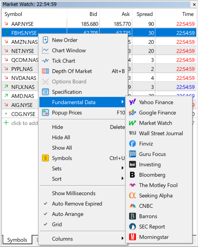 Base de données fondamentale mise à jour pour les instruments de trading. 