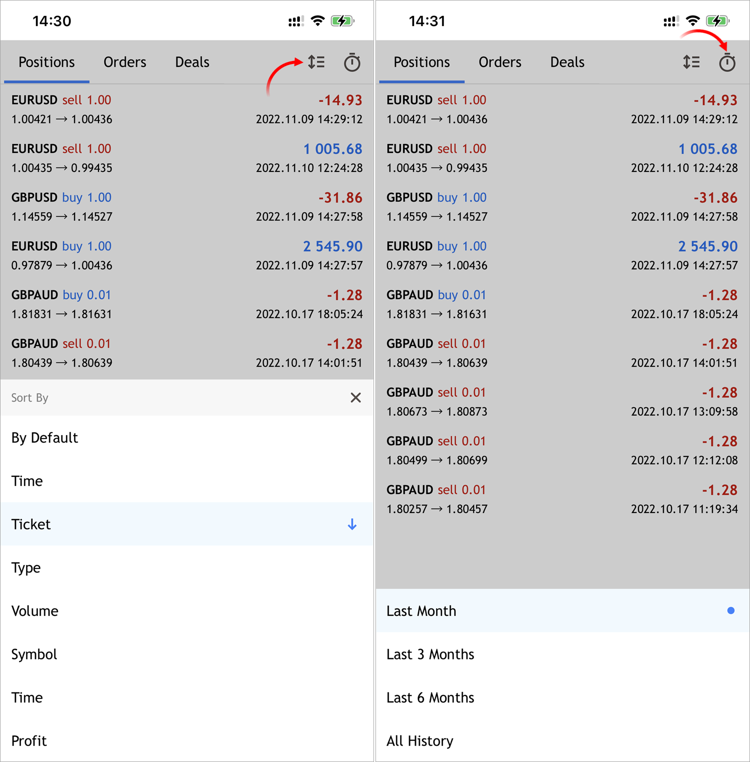 Vue de l'historique des transactions personnalisable dans la version mobile