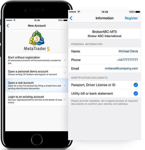 Simplified request to open a real account in MetaTrader 5 iOS build 1605