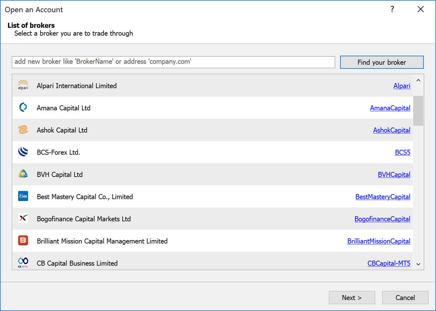 New account opening dialog in MetaTrader 5