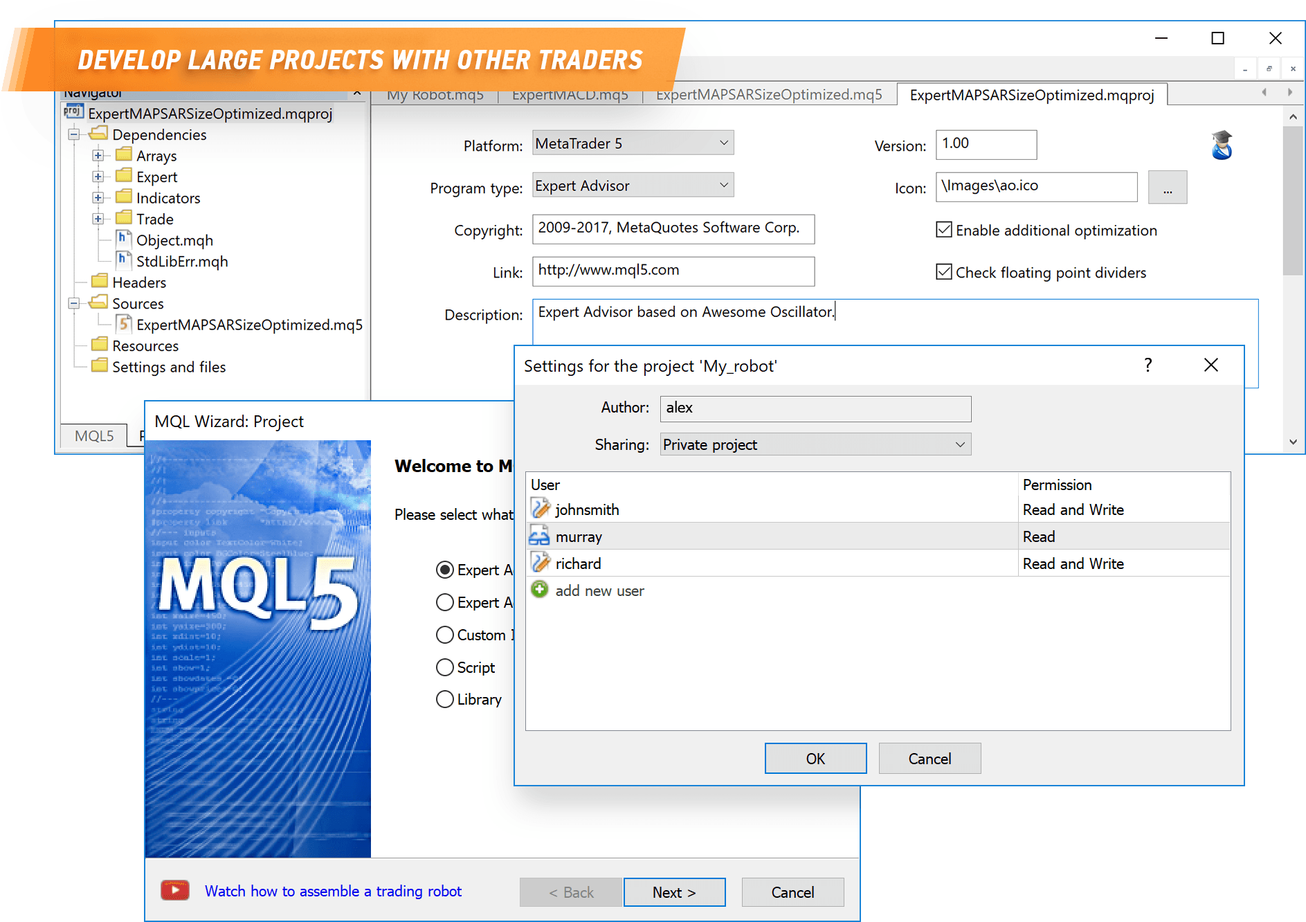 Desenvolva robôs juntamente com outros traders usando Shared Projects no MetaTrader 5