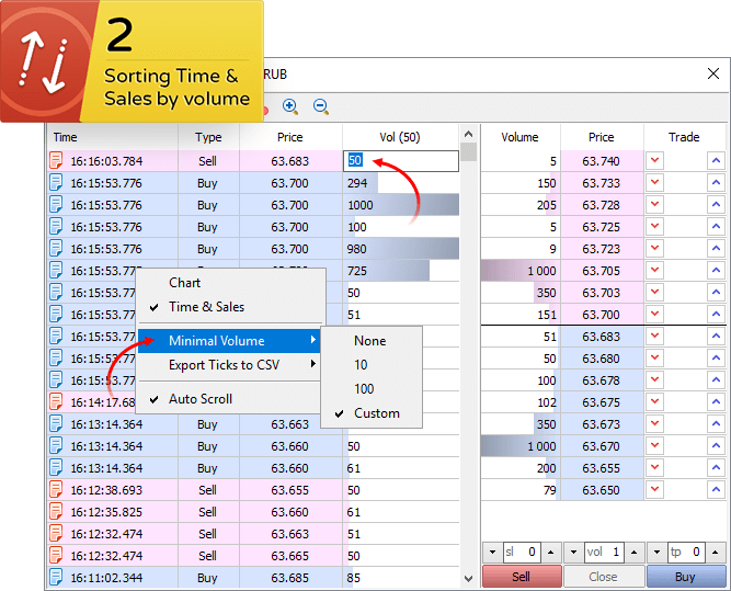 Filtern nach Volumen in Time & Sales