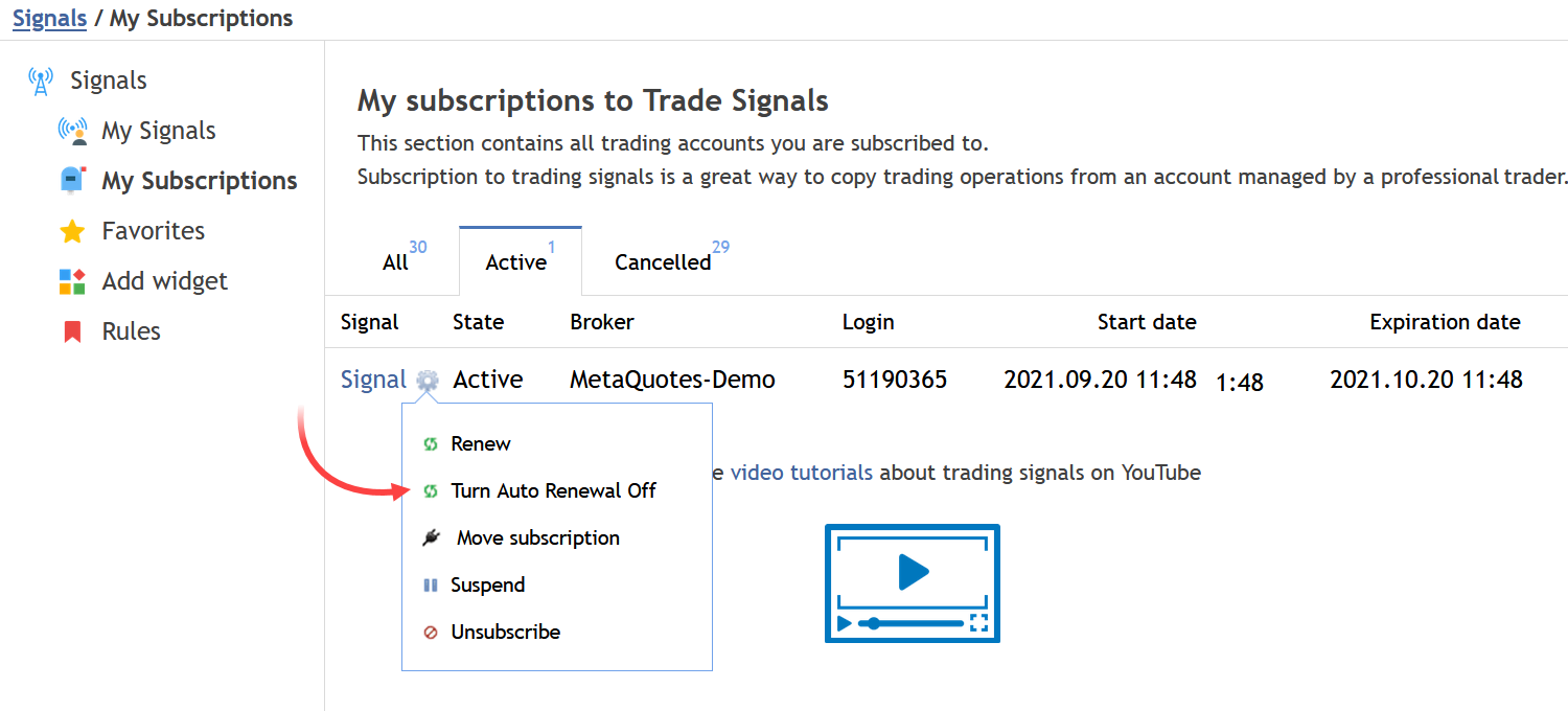 Gerencie a renovação automática na seção &quot;Minhas assinaturas&quot; em MQL5.com