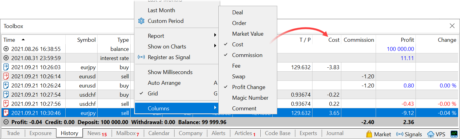 L'historique du compte affiche désormais les coûts de transaction