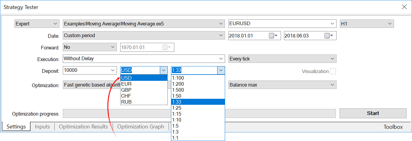 Manual setting of the deposit currency and leverage