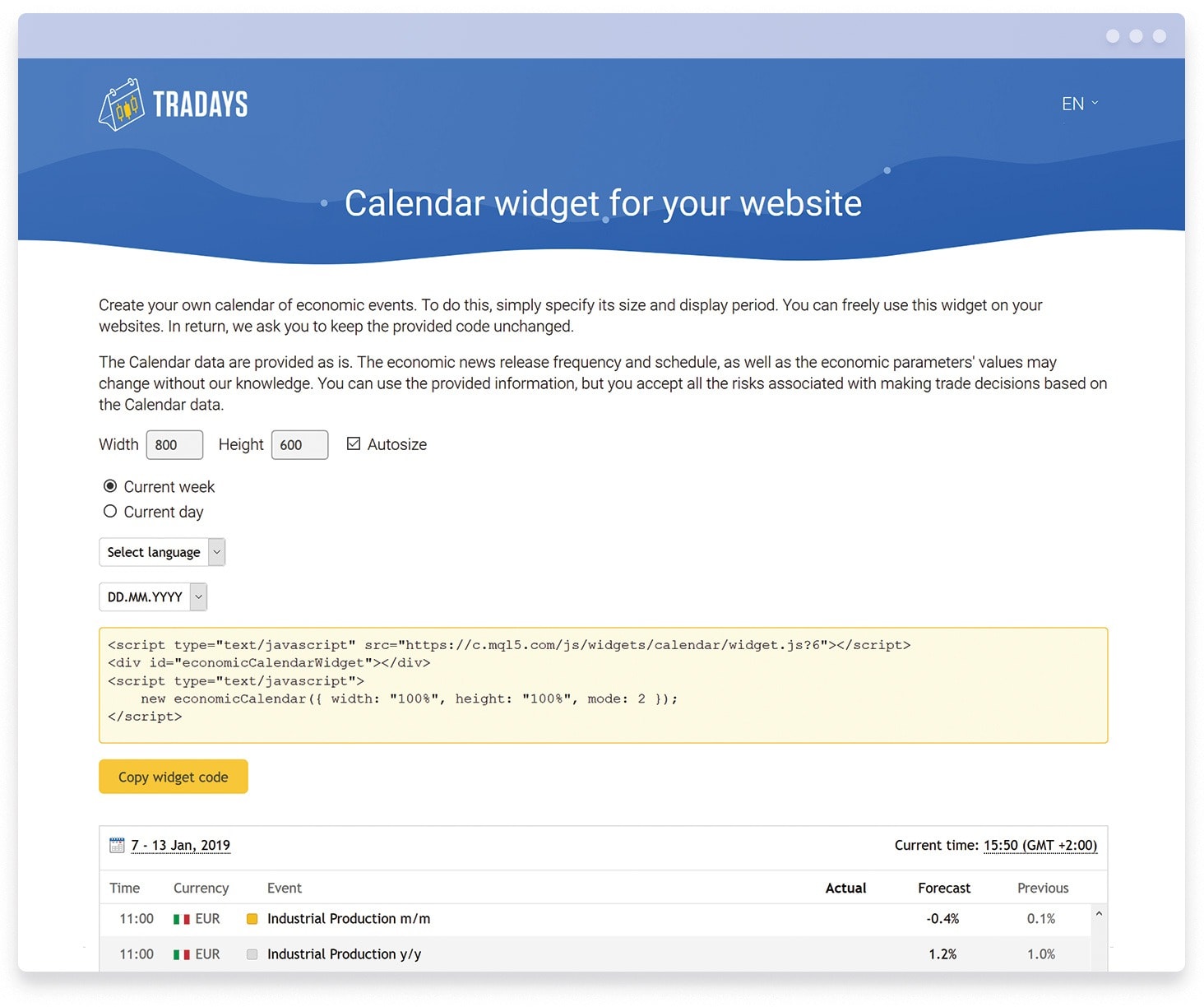 Das Widget von Tradays Wirtschaftskalender für Ihre Website