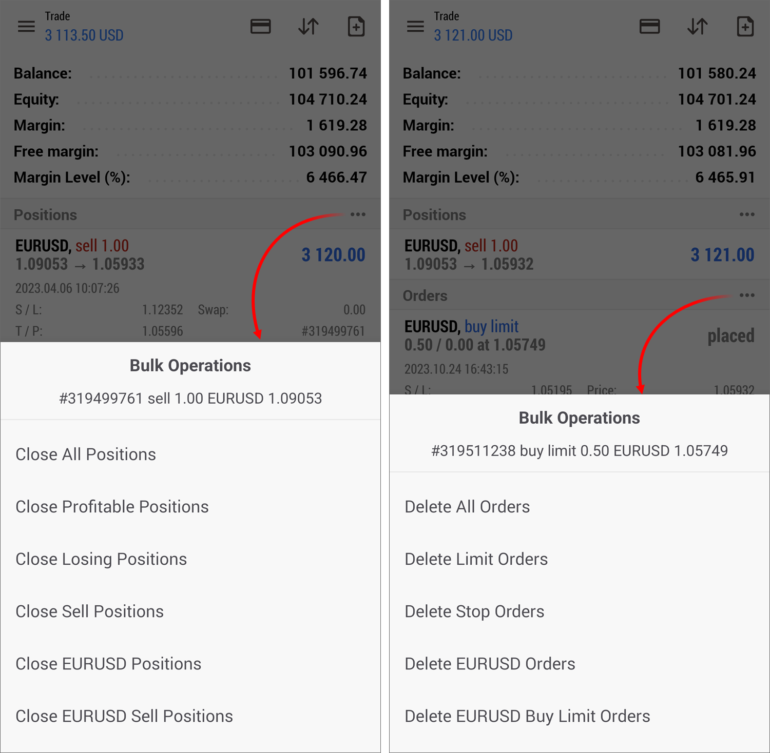 Bulk position closing and order deletion