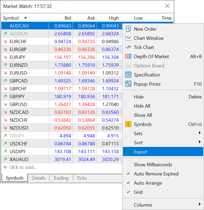 Exporting Market Watch state