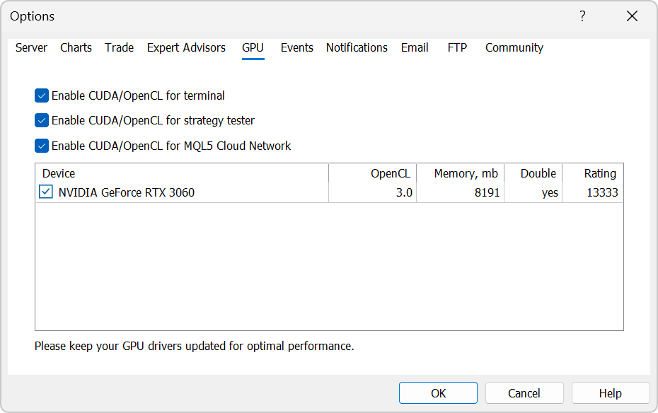 Управление CUDA в настройках платформы