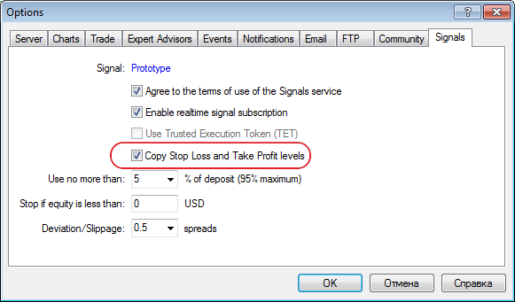 Signals. Added copying SL and TP from a signals source