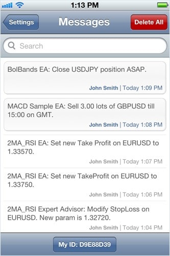 iPhone版MetaTrader 5の取引ロボットからのメッセージ