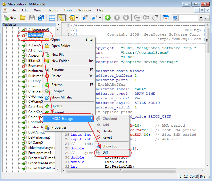 Added the window displaying the differences between a source text local file and a version stored in MQL5 Storage