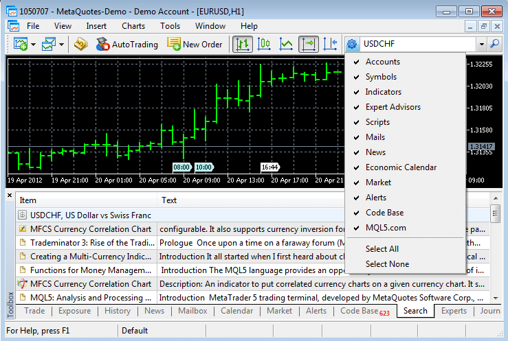 Поиск в торговом терминале MetaTrader 5