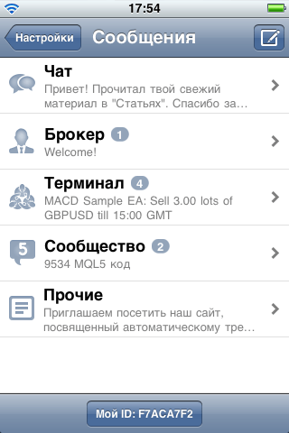 5 категорий сообщений в MetaTrader 5 iPhone