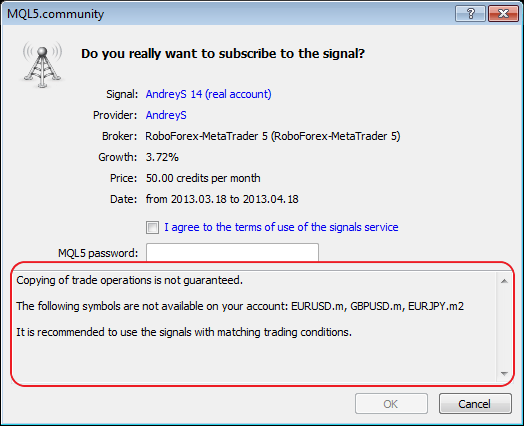 Added detailed warning of different trading symbol settings at Signal Source and Subscriber's sides to the signal subscription dialog