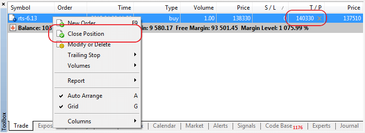 When One-Click Trading mode is enabled, Close Position command in the position's context menu results in an immediate closing of the position without showing the trading dialog