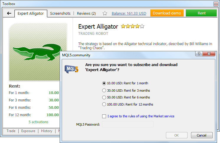 Aluguel de robôs de negociação e indicadores técnicos diretamente na MetaTrader