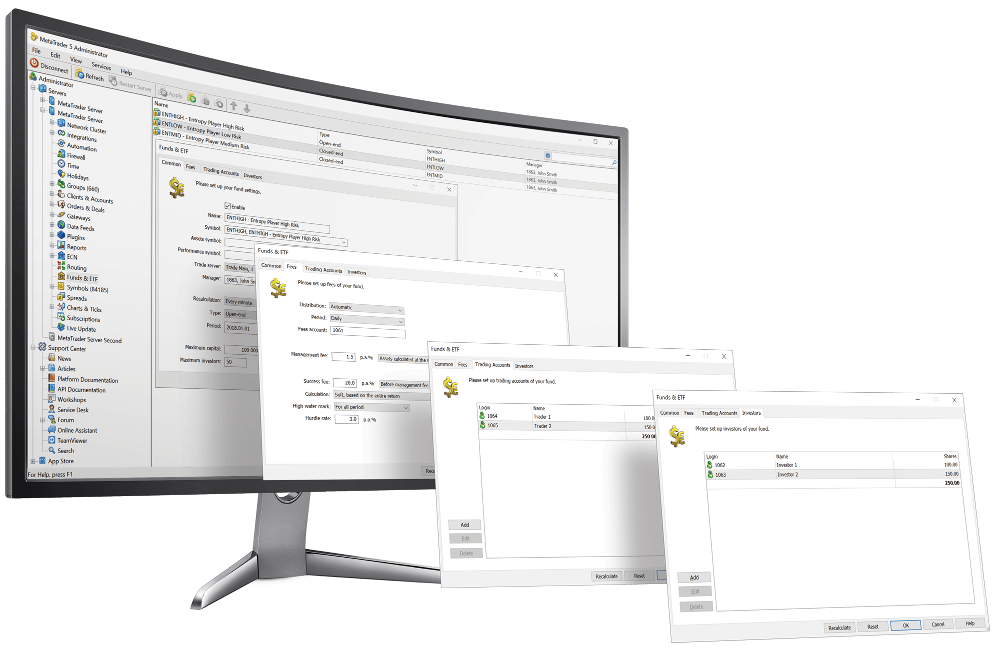 Manage funds, financial instruments, access levels, along with other parameters via the administrator terminal