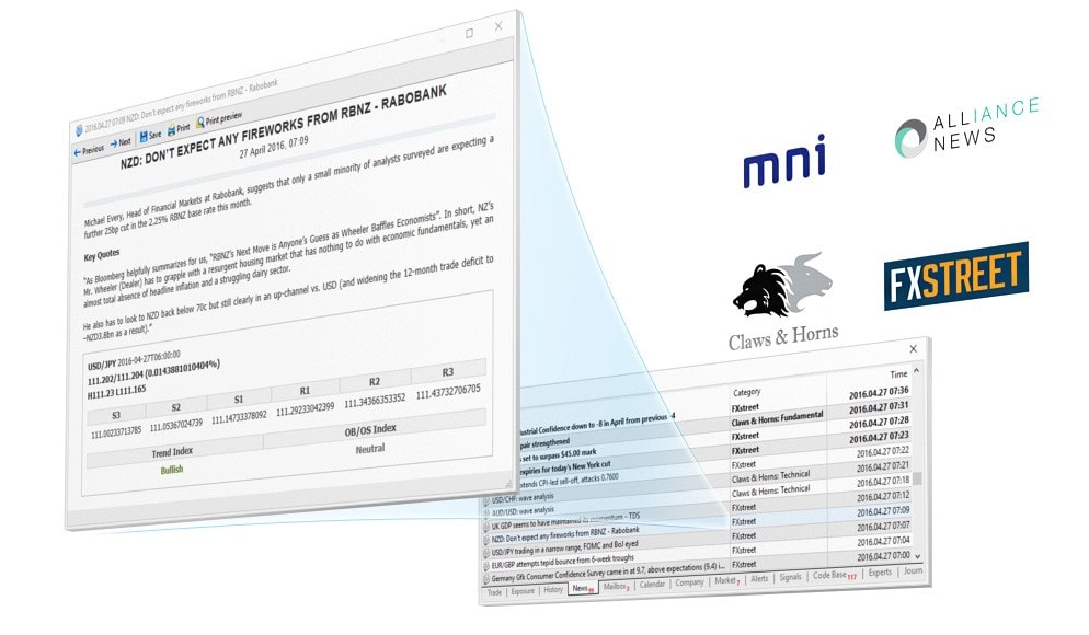 A plataforma institucional MetaTrader 5 suporta nativamente o feed de notícias das agências de notícias mais importantes, isto é: Alliance News, Claws and Horns, International Business Times e outras