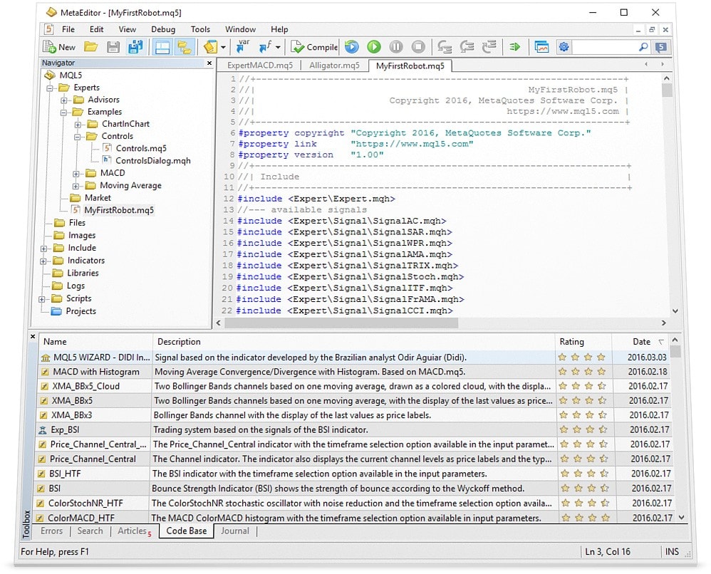 Trading robots and indicators for MetaTrader 5 are developed using the specialized MetaEditor tool