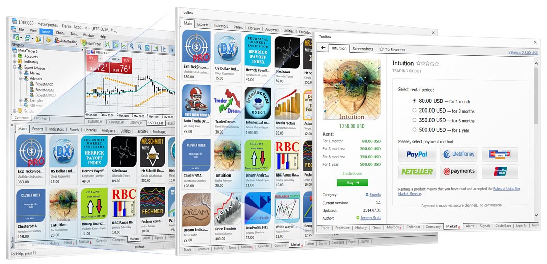 En el MetaTrader 5 Market incorporado usted podrá comprar o alquilar miles de robots comerciales e indicadores técnicos para MetaTrader 5