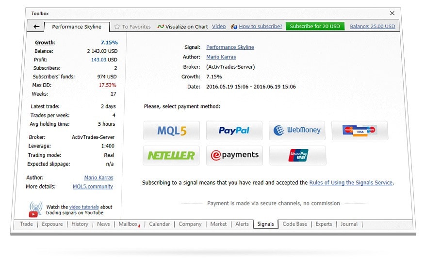 O pagamento dos sinais de negociação pode ser feito através da conta no MQL5.com, e, também, diretamente na plataforma usando os sistemas de pagamento mais populares entre traders