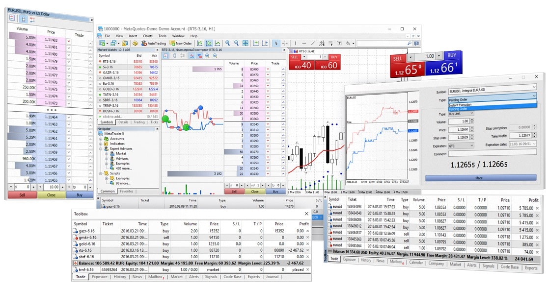 En MetaTrader 5 se ha implementado un potente sistema comercial con dos sistemas de registro de posiciones, profundidad de mercado y registro por separado de órdenes y operaciones.