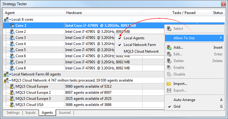 ストラテジーテスターにおけるMQL5 Cloud Network分散計算ネットワークの使用