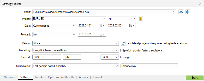 Setup of Expert Advisor testing in the Strategy Tester