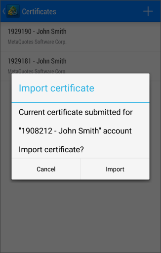 Confirmation d'import du certificat
