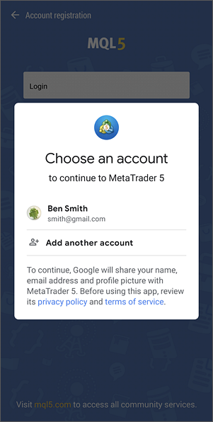 Registering an MQL5.community account via Google