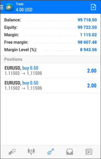 L'exécution de 2 transactions Buy a résulté en 2 positions de trading