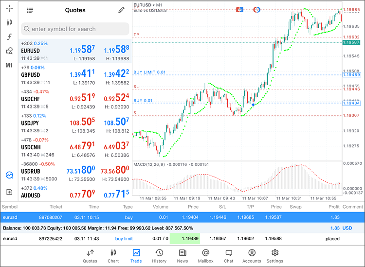 Interface de MetaTrader 5 pour iPad