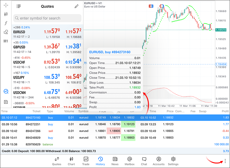 Trabajo con la historia de operaciones comerciales en iPad