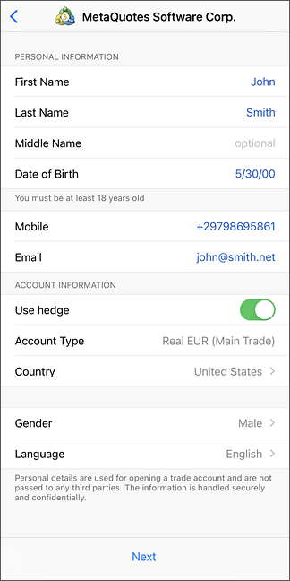 Data for Opening a Live Account