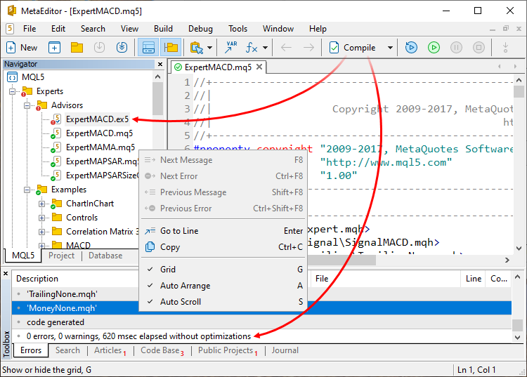 Compilation of the program and displaying the results on the Errors tab