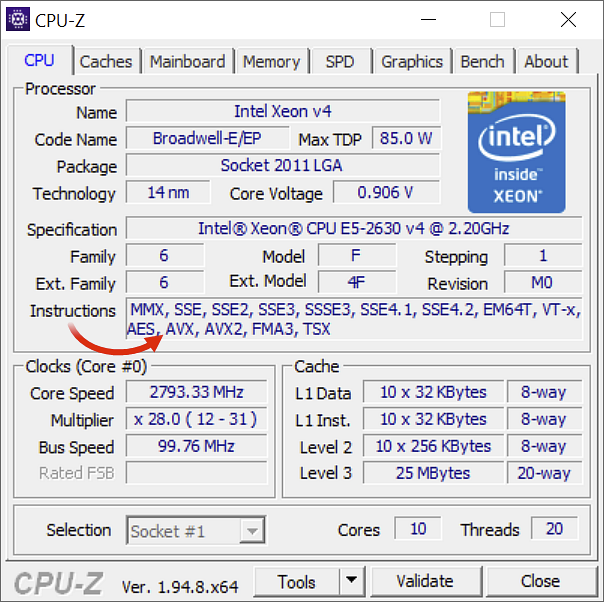 Check which instructions your processor supports using CPU-Z