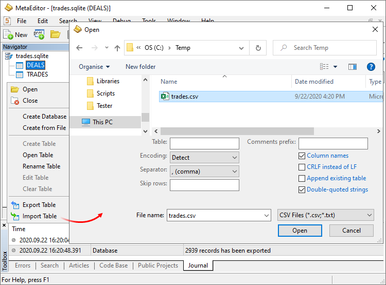 Importing a ready table to a database