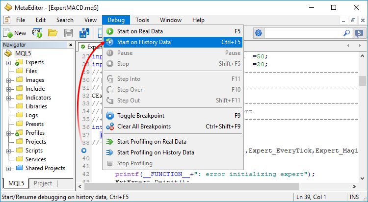 Starten von Debugging mit der Historie