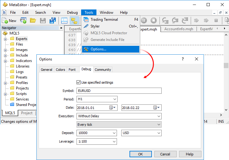 Configuring debugging on history