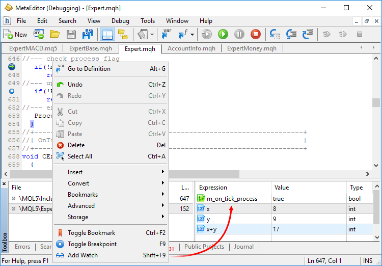 Viewing the stack and expression values